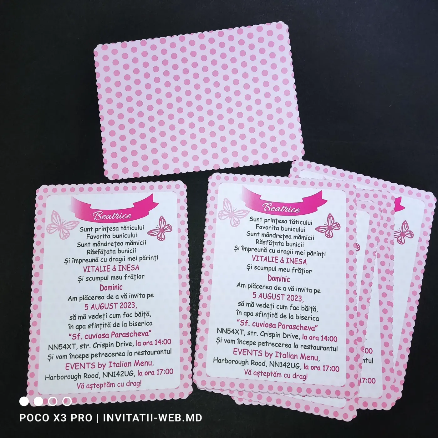 Invitație de botez - fată — buline roz și fluturași