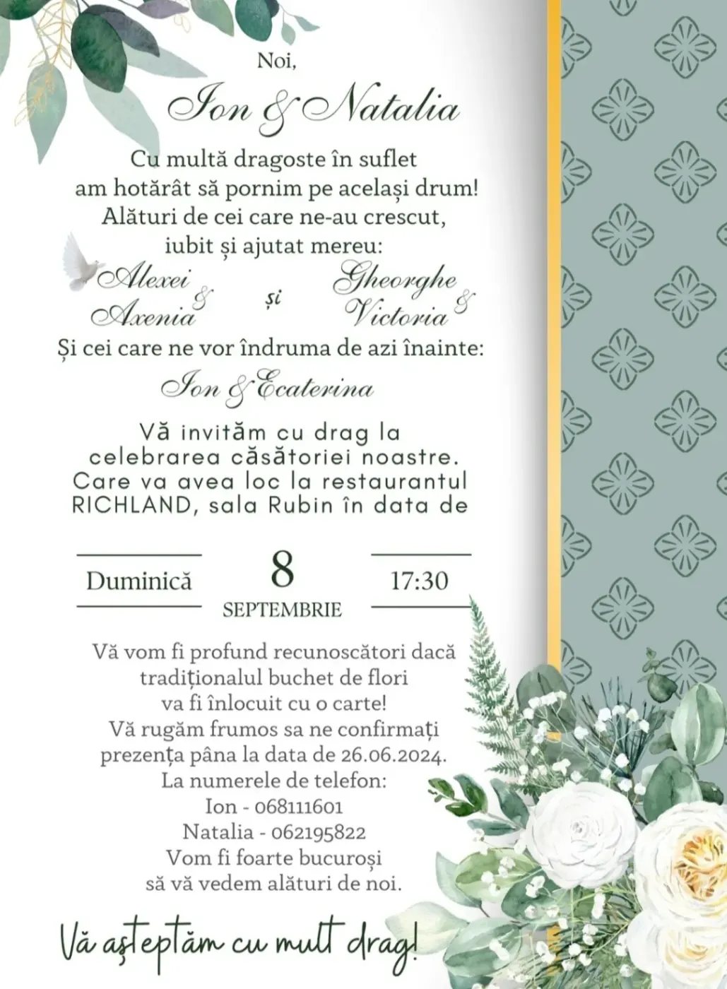 Invitație diditală — model verde clasic cu trandafiri albi