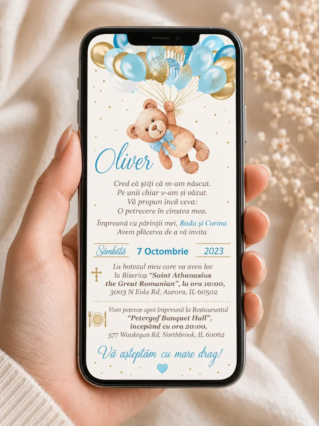 Invitație digitală pentru botez, băiat - model: Urs cu baloane albastre și maro