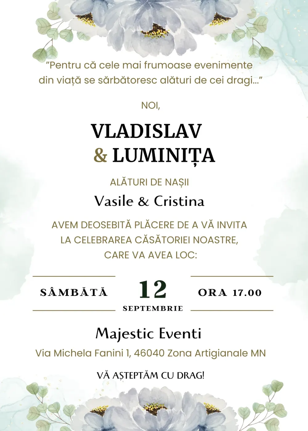 Invitație diditală — model blue marin cu trandafiri albi