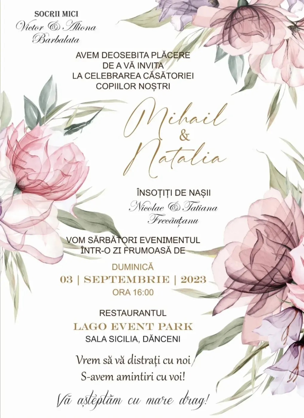 Invitație diditală — model floral roz pal